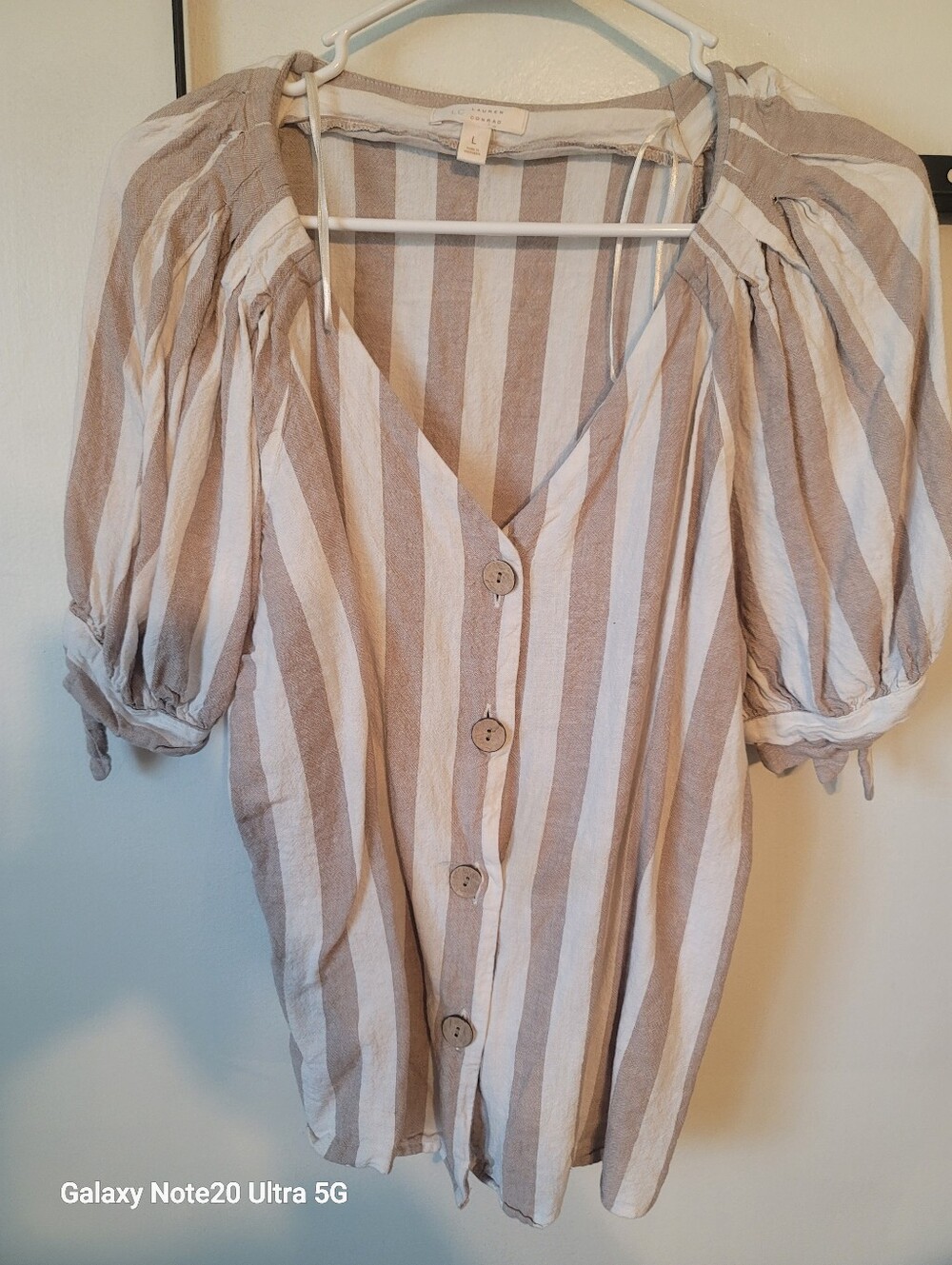 LC Lauren Conrad Beige and White Striped Button-Front Puff Sleeve Top